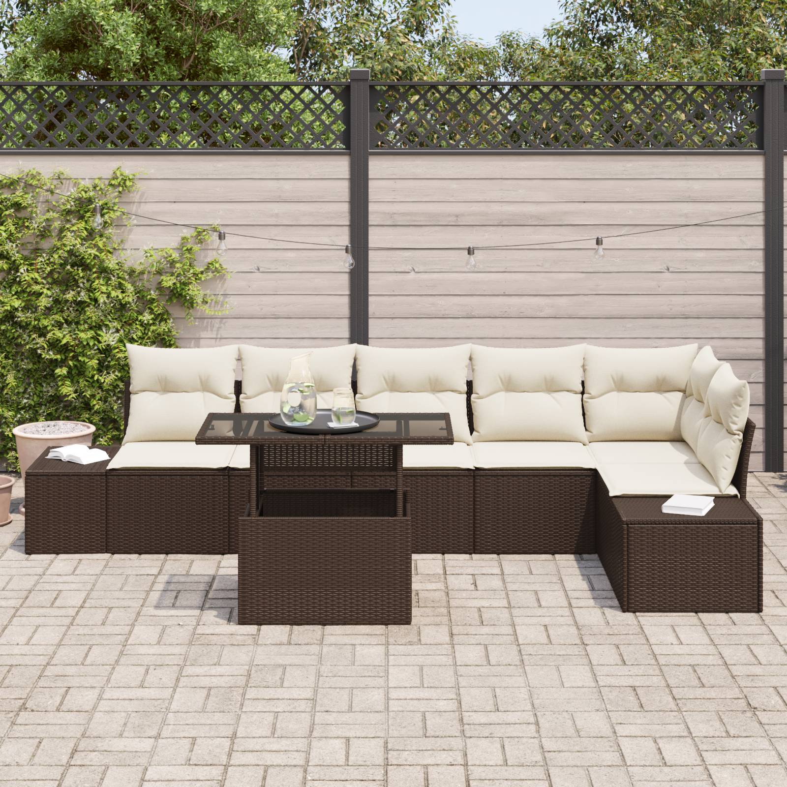 vidaXL 7-tlg. Garten-Sofagarnitur mit Kissen Braun Poly Rattan