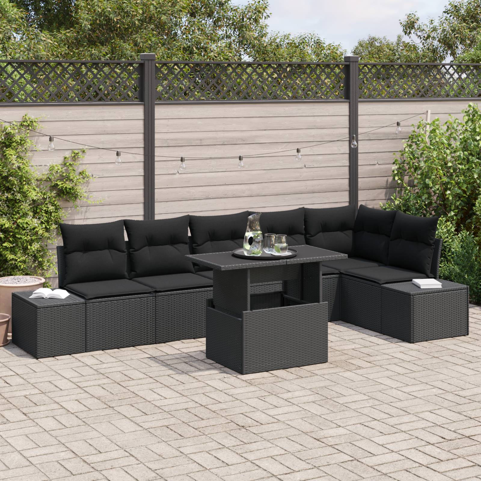 vidaXL 7-teiliges Garten-Sofa-Set mit Kissen, schwarzes Poly-Rattan