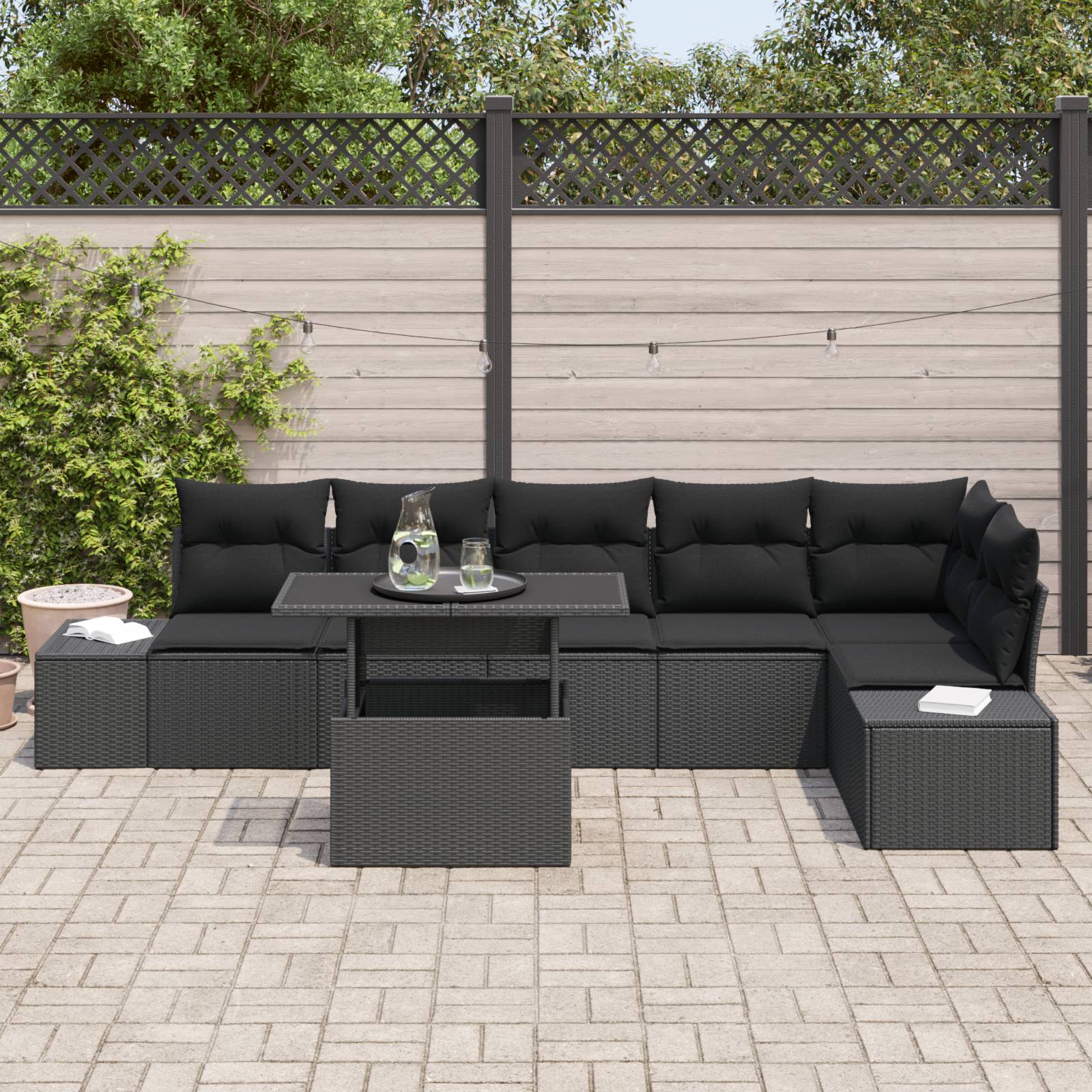 vidaXL 7-teiliges Garten-Sofa-Set mit Kissen, schwarzes Poly-Rattan