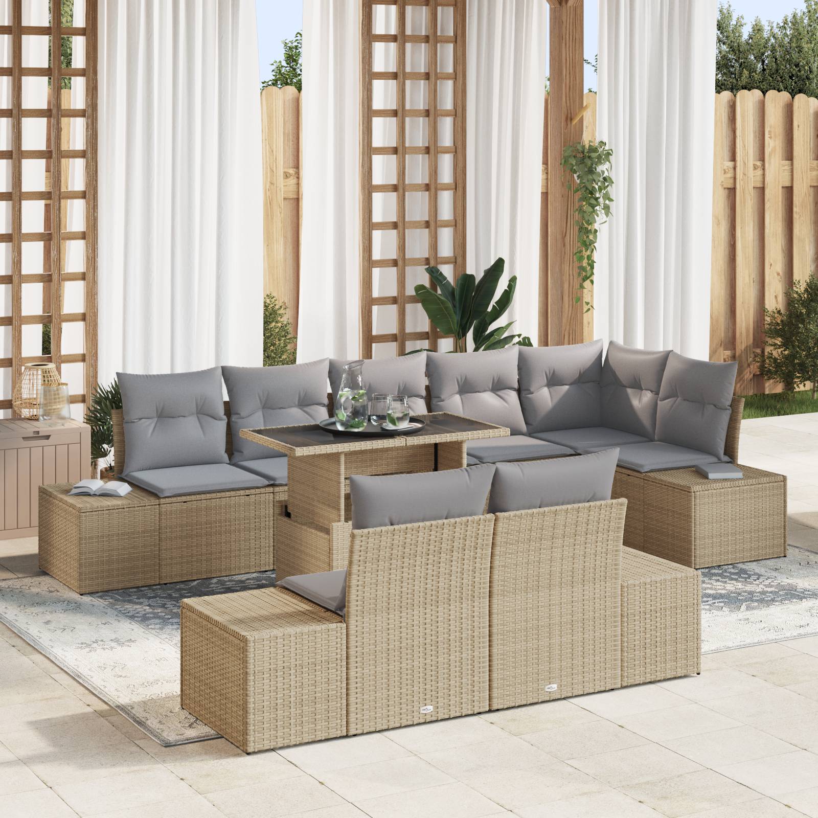 vidaXL 9-tlg. Garten-Sofagarnitur mit Kissen Beige Poly Rattan