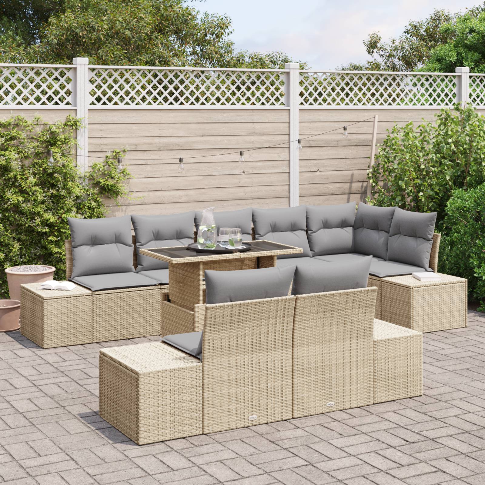 vidaXL 9-tlg. Garten-Sofagarnitur mit Kissen Beige Poly Rattan