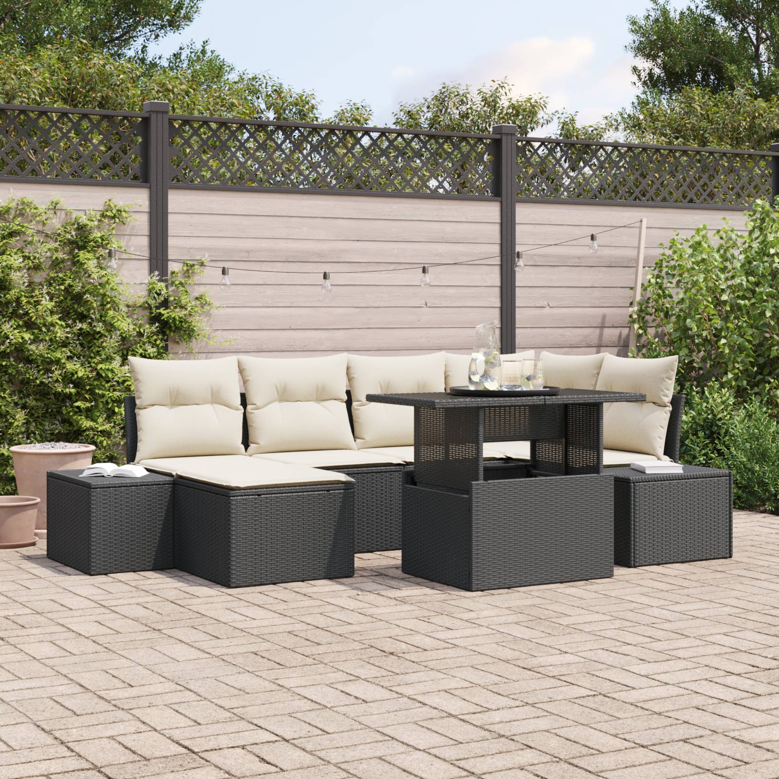 vidaXL 7-teiliges Gartensofa-Set mit Kissen in schwarzem Poly-Rattan