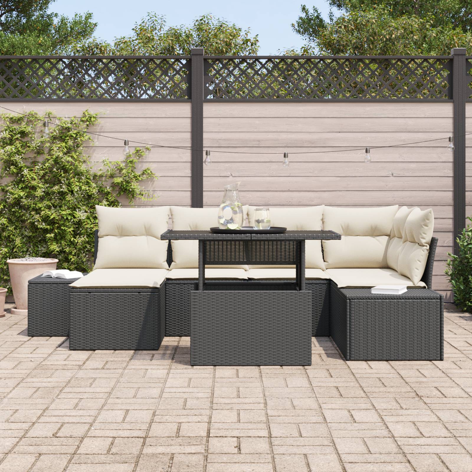 vidaXL 7-teiliges Gartensofa-Set mit Kissen in schwarzem Poly-Rattan
