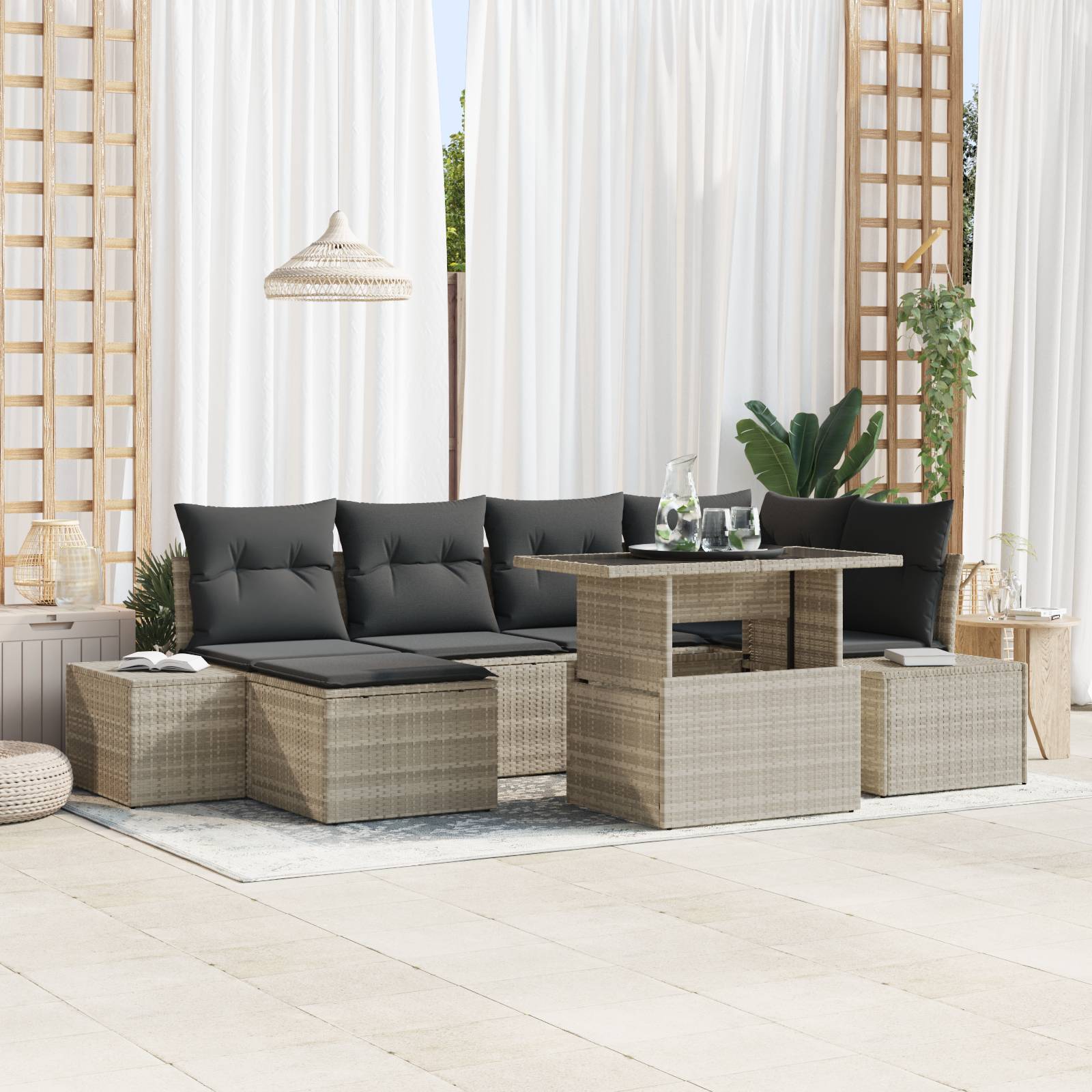 vidaXL 7-tlg. Garten-Sofagarnitur mit Kissen Hellgrau Poly Rattan