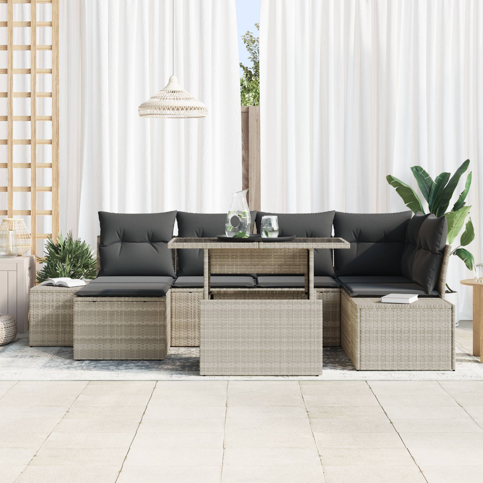vidaXL 7-tlg. Garten-Sofagarnitur mit Kissen Hellgrau Poly Rattan
