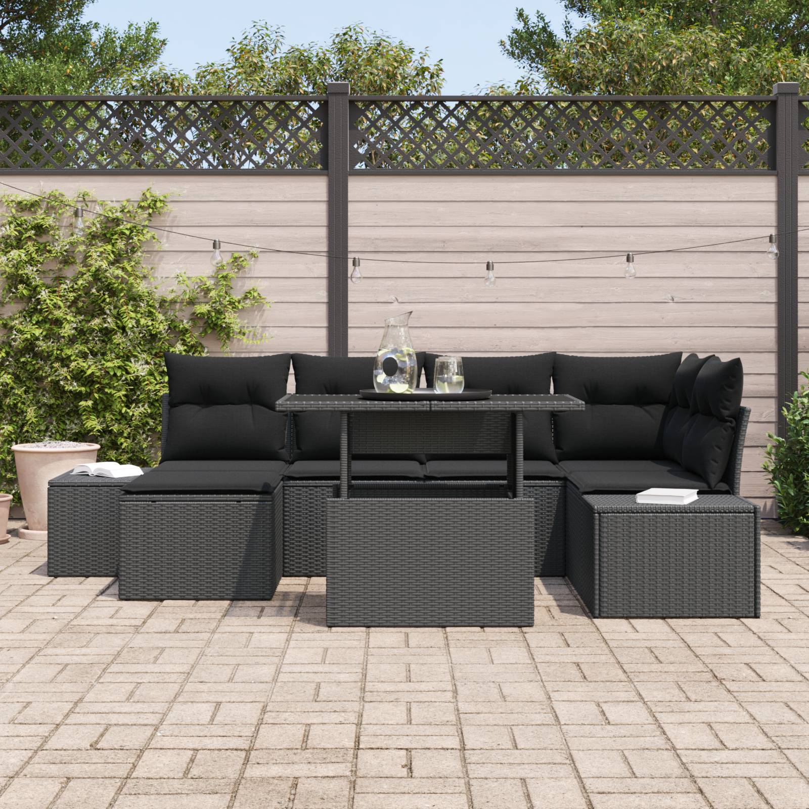vidaXL 7-teiliges Garten-Sofaset mit Kissen – Schwarz aus Poly-Rattan