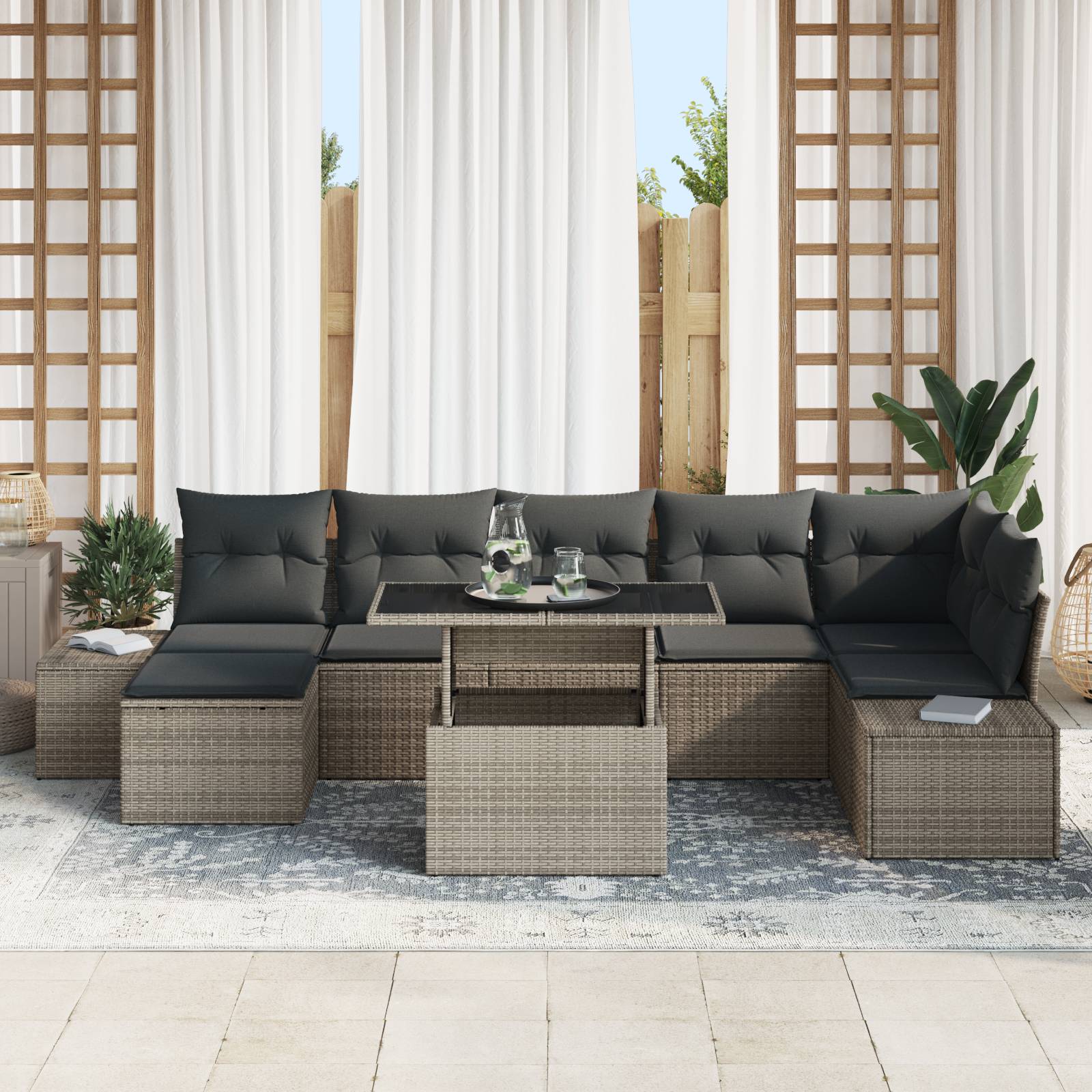 vidaXL 8-tlg. Garten-Sofagarnitur mit Kissen Grau Poly Rattan