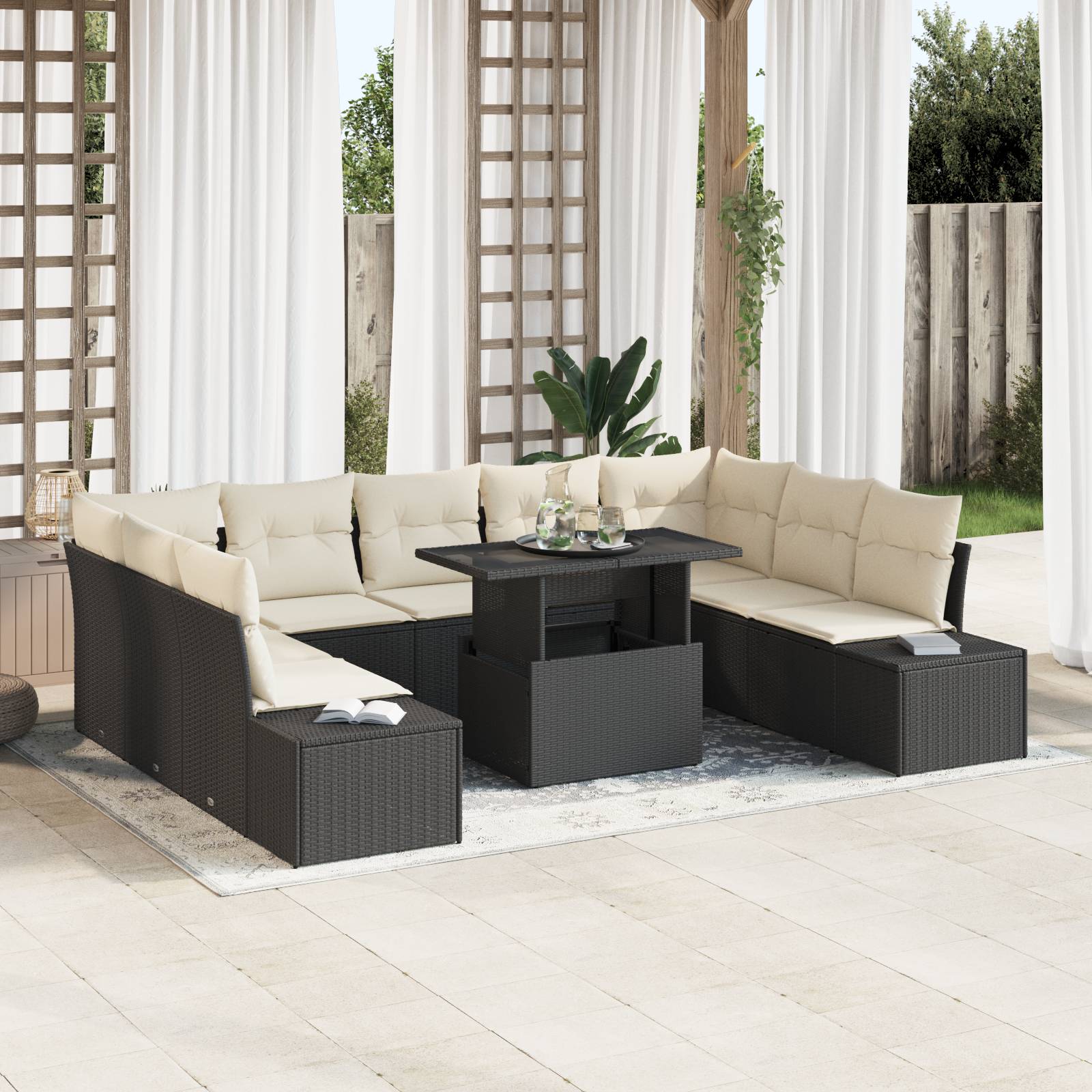 vidaXL 10-tlg. Garten-Sofagarnitur mit Kissen Schwarz Poly Rattan