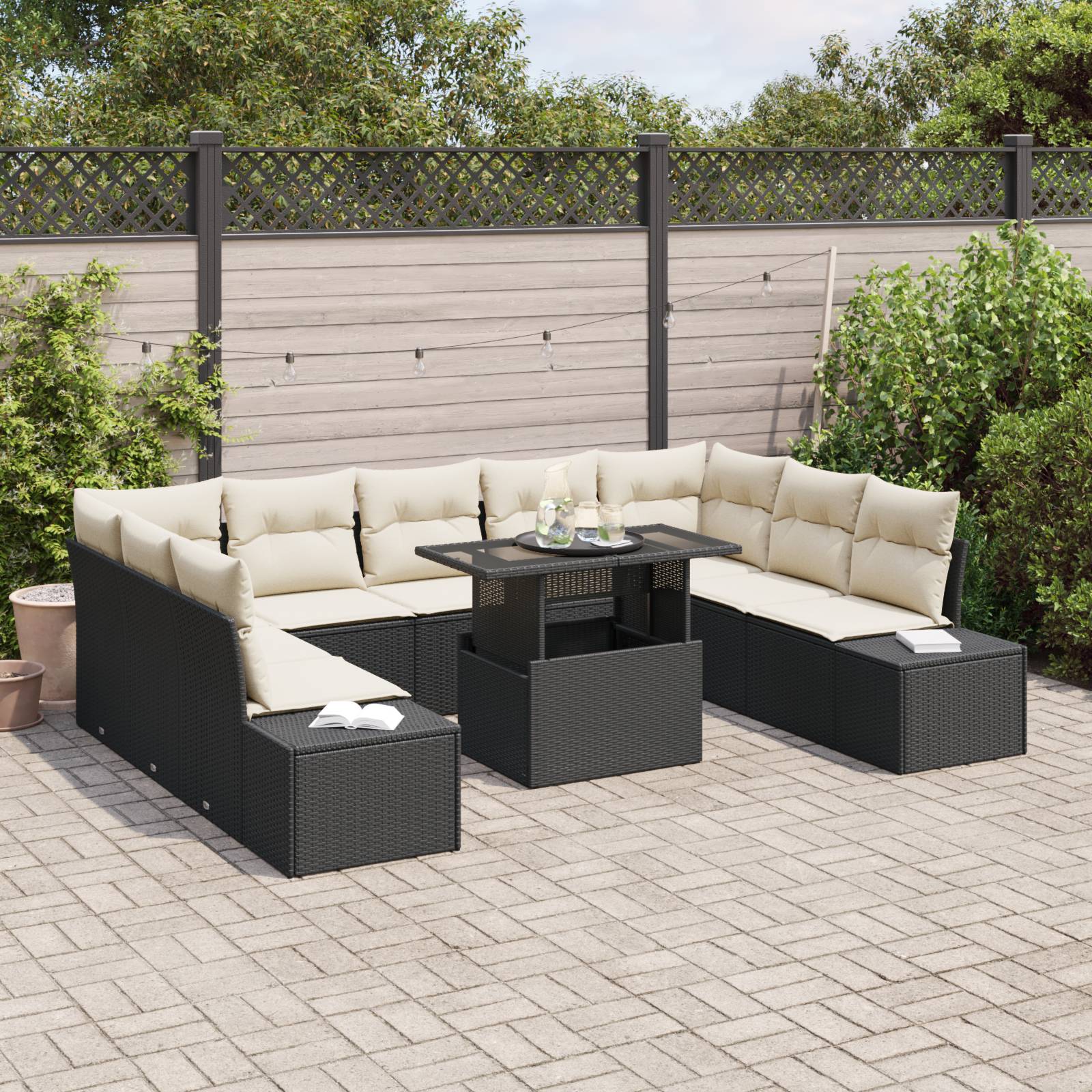 vidaXL 10-tlg. Garten-Sofagarnitur mit Kissen Schwarz Poly Rattan