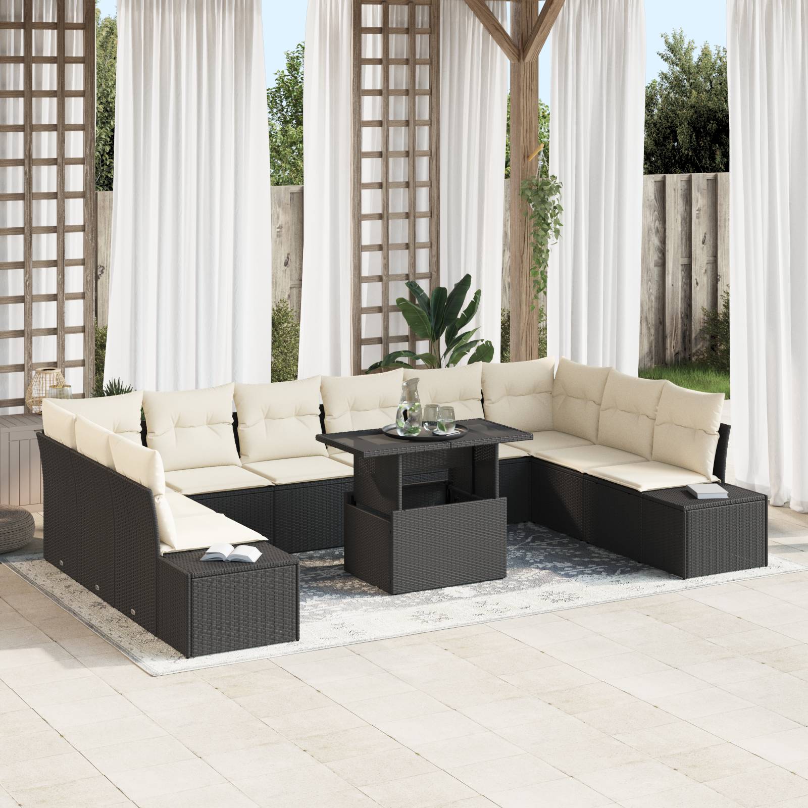 vidaXL 11-tlg. Garten-Sofagarnitur mit Kissen Schwarz Poly Rattan