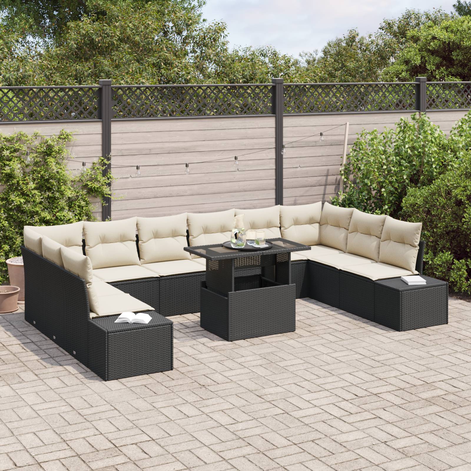 vidaXL 11-tlg. Garten-Sofagarnitur mit Kissen Schwarz Poly Rattan