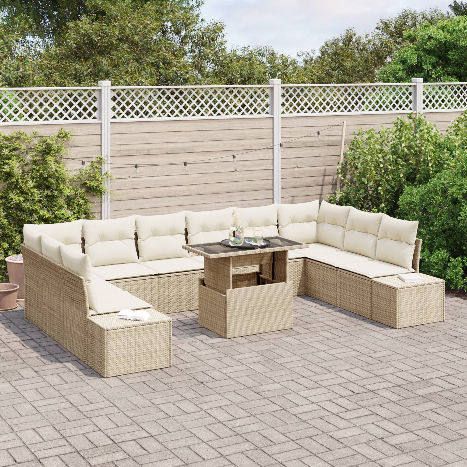 vidaXL 11-tlg. Garten-Sofagarnitur mit Kissen Beige Poly Rattan