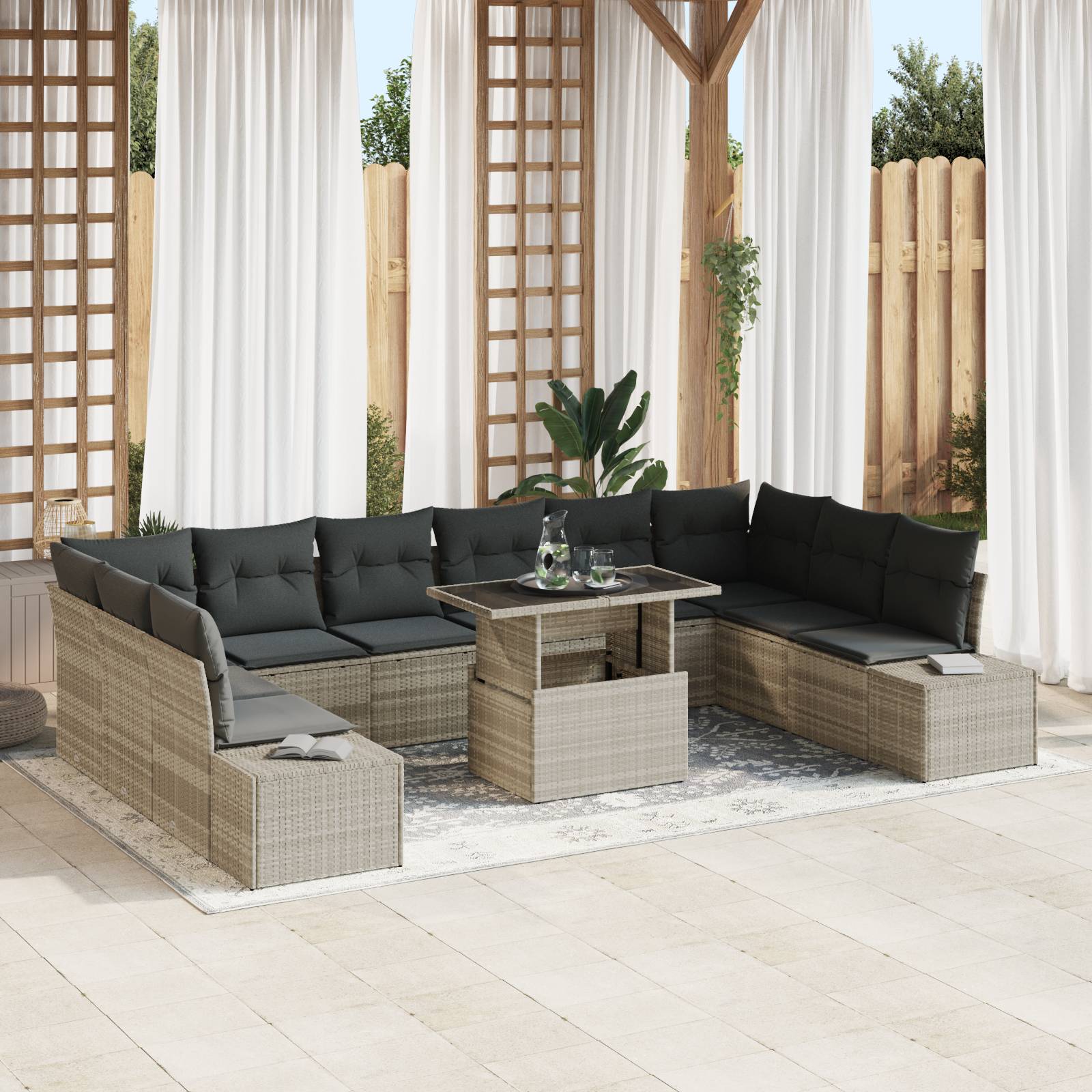vidaXL 11-tlg. Garten-Sofagarnitur mit Kissen Hellgrau Poly Rattan
