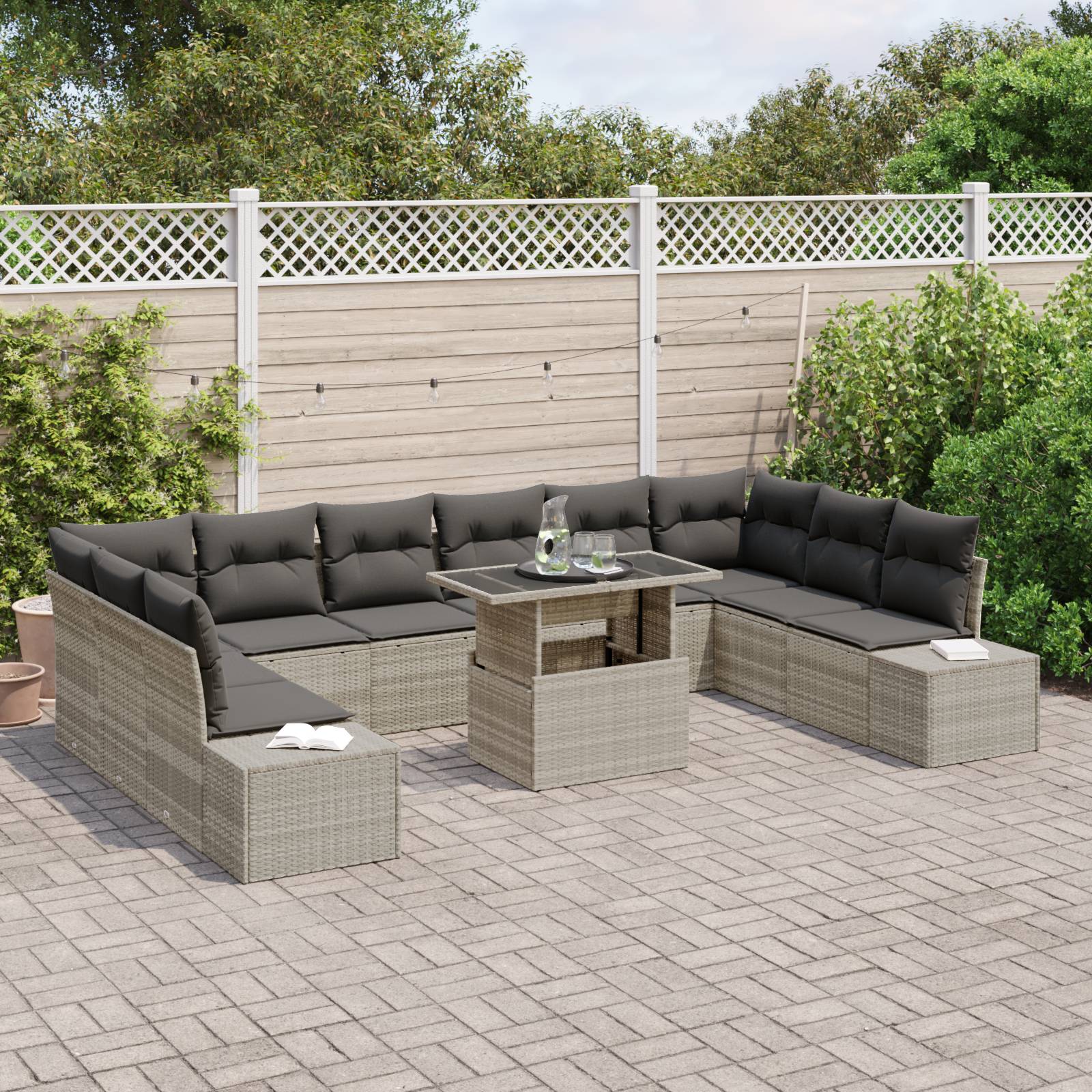 vidaXL 11-tlg. Garten-Sofagarnitur mit Kissen Hellgrau Poly Rattan