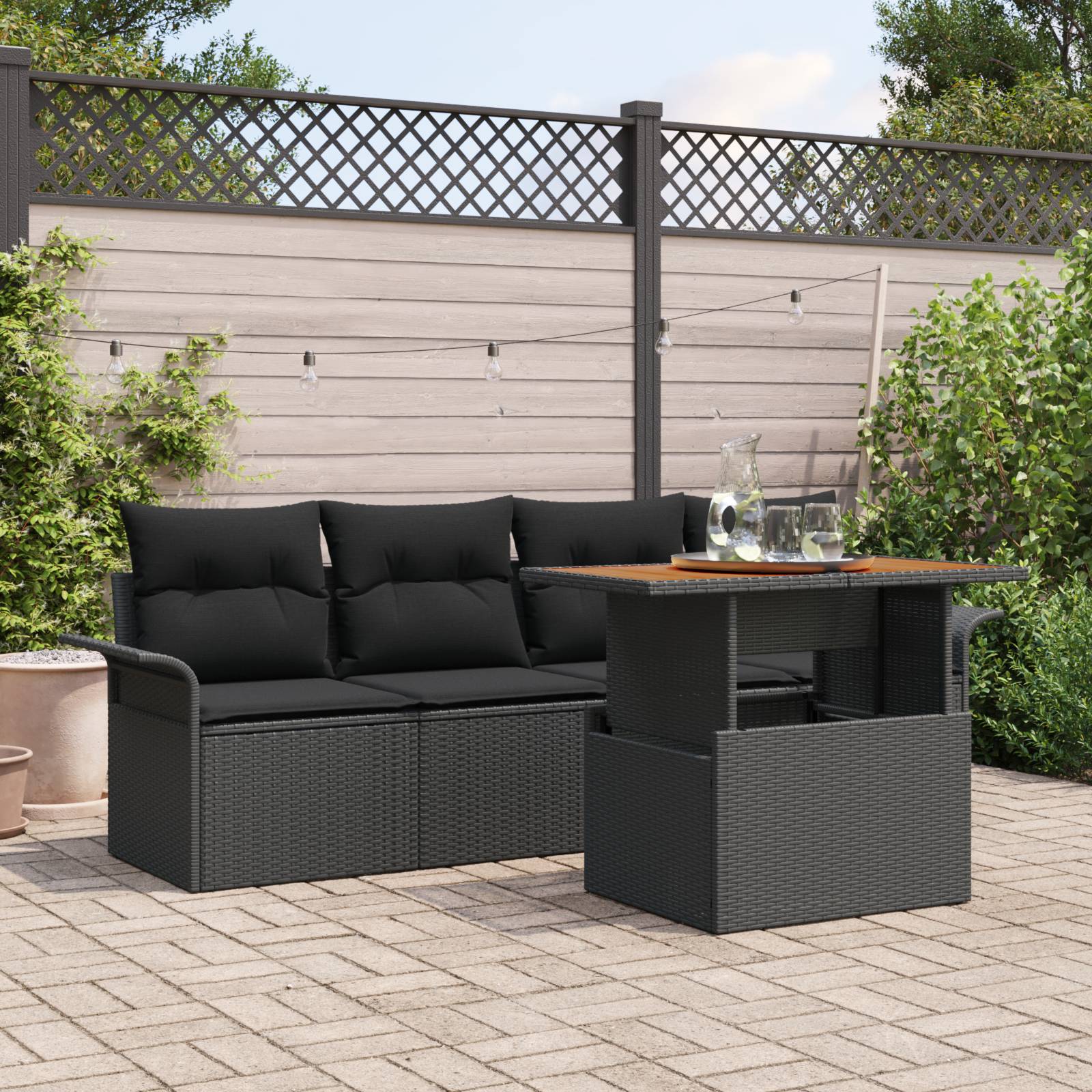 vidaXL 5-teiliges Garten Sofa Set mit Kissen Schwarzes Poly Rattan