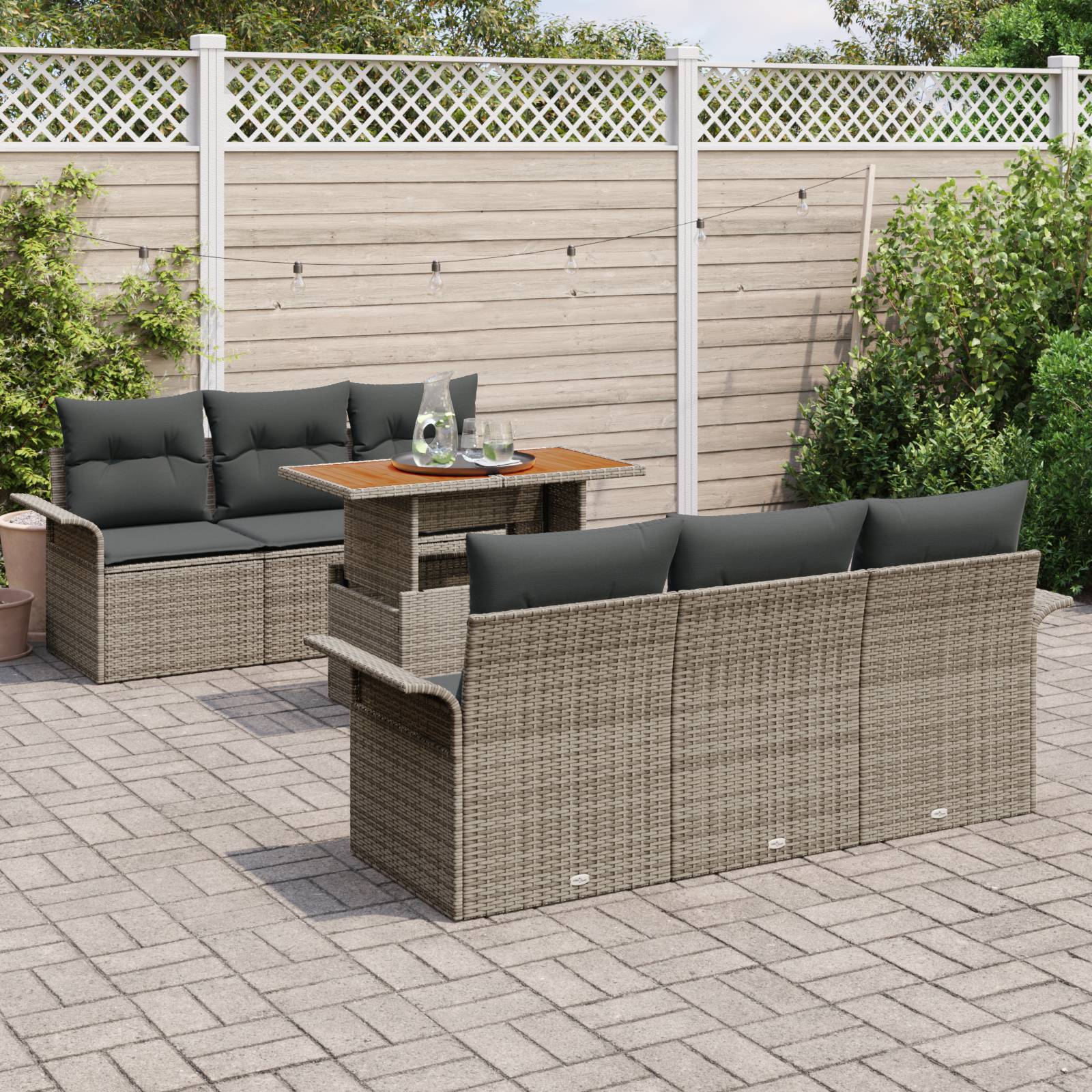 vidaXL 7-tlg. Garten-Sofagarnitur mit Kissen Grau Poly Rattan Akazie