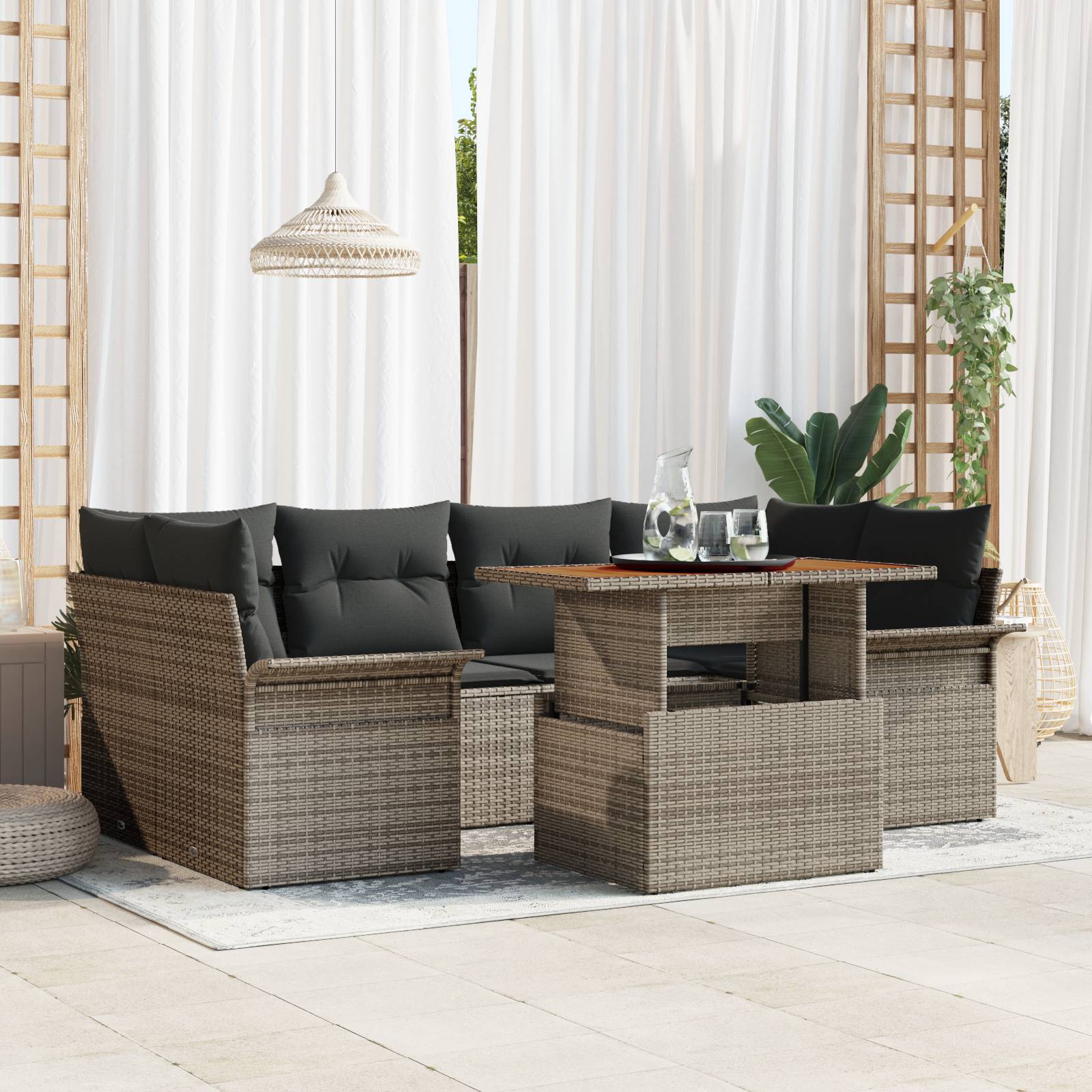 vidaXL 7-tlg. Garten-Sofagarnitur mit Kissen Grau Poly Rattan Akazie