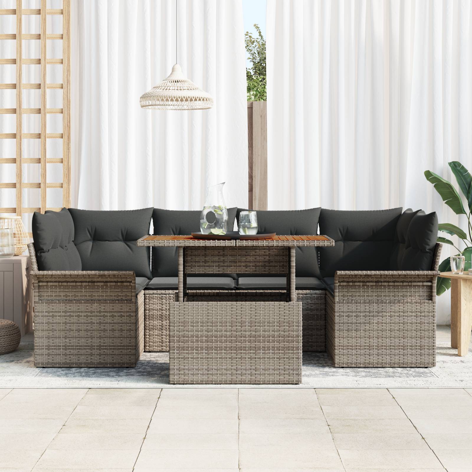 vidaXL 7-tlg. Garten-Sofagarnitur mit Kissen Grau Poly Rattan Akazie