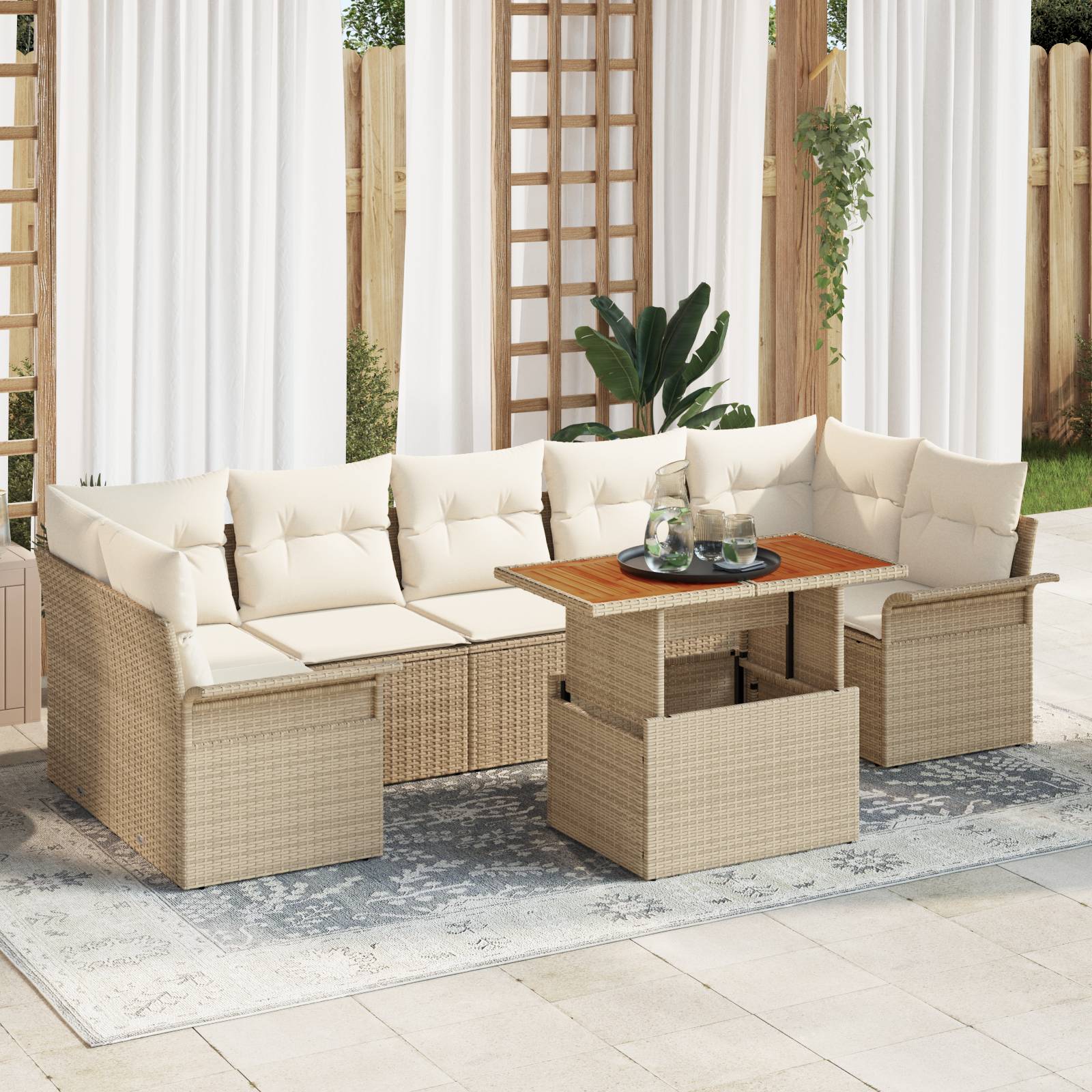vidaXL 8-tlg. Garten-Sofagarnitur mit Kissen Beige Poly Rattan Akazie