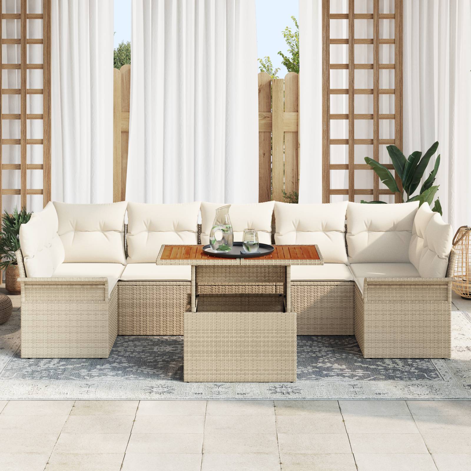 vidaXL 8-tlg. Garten-Sofagarnitur mit Kissen Beige Poly Rattan Akazie