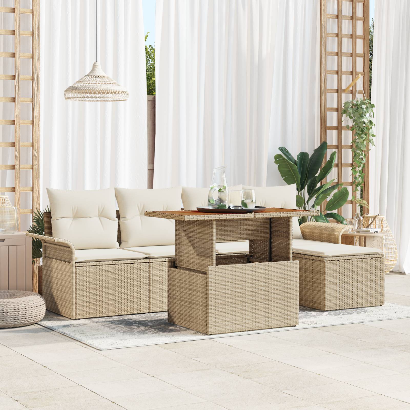vidaXL 6-tlg. Garten-Sofagarnitur mit Kissen Beige Poly Rattan
