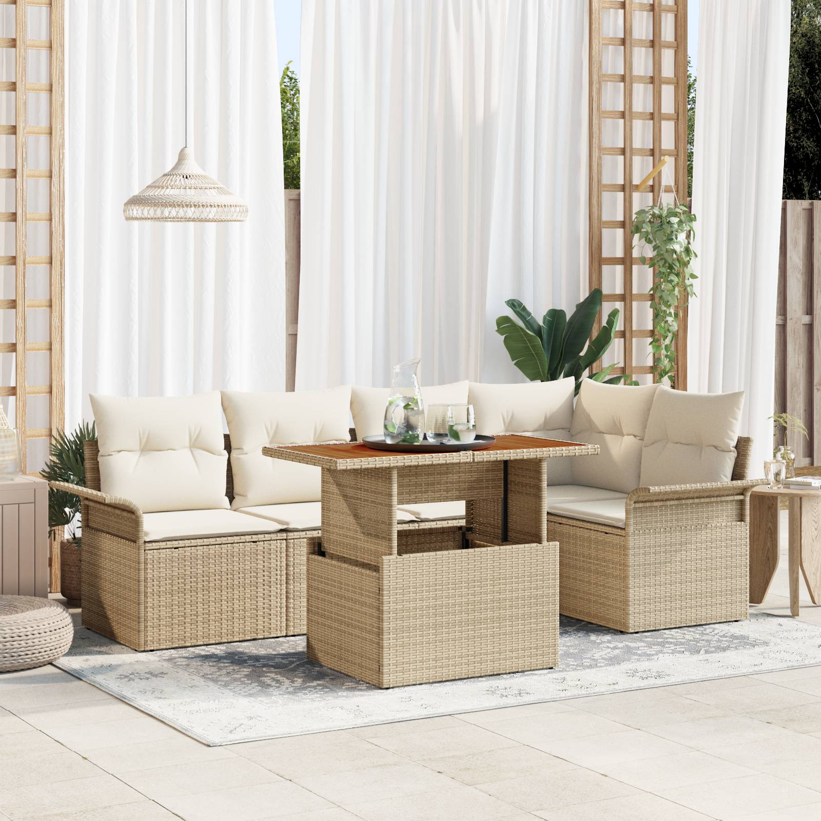 vidaXL 6-tlg. Garten-Essgruppe mit Kissen Beige Poly Rattan Akazie