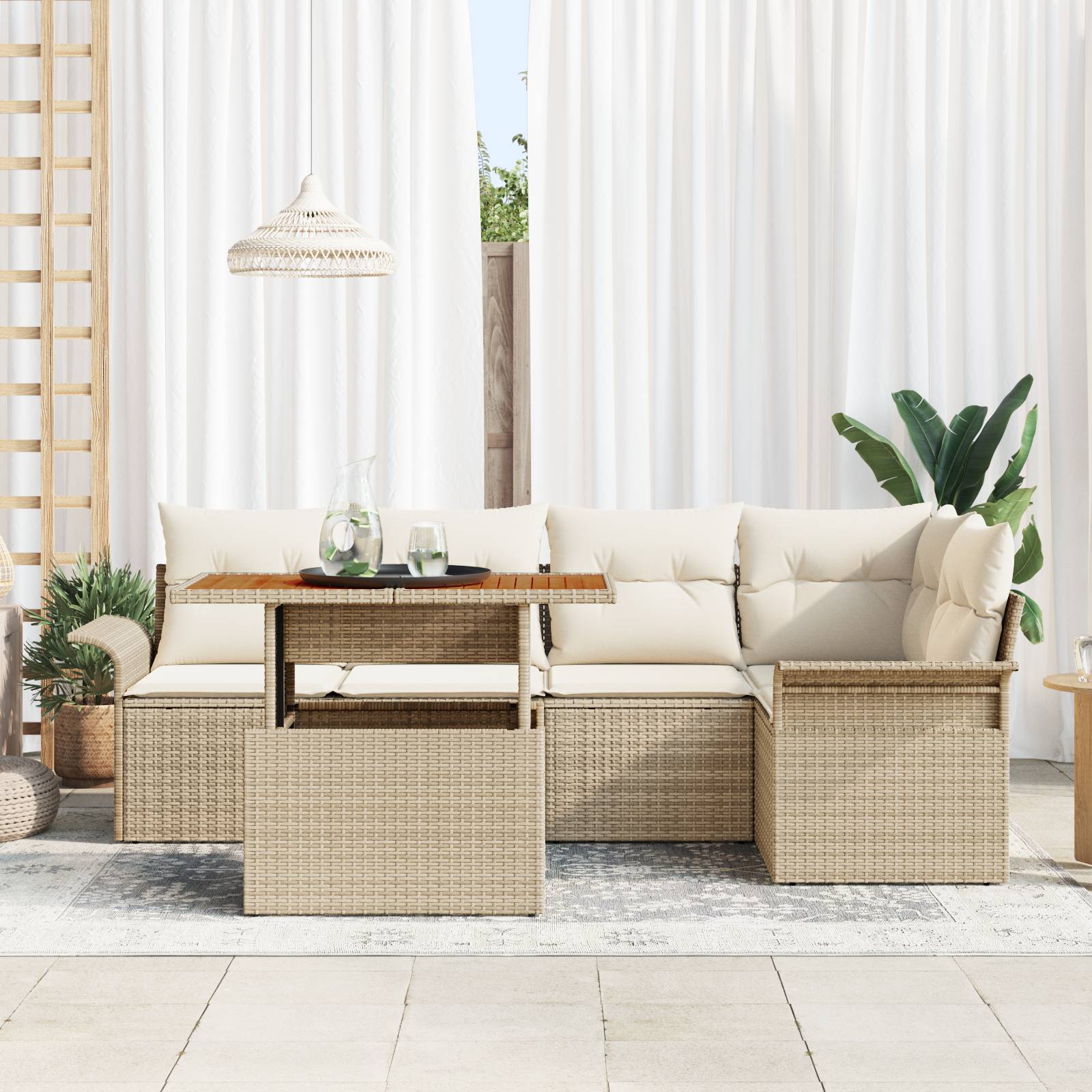 vidaXL 6-tlg. Garten-Essgruppe mit Kissen Beige Poly Rattan Akazie