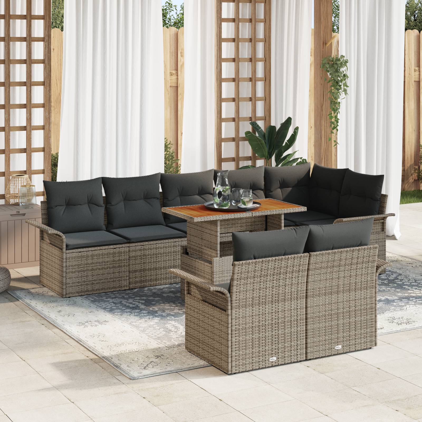 vidaXL 9-tlg. Garten-Essgruppe mit Kissen Grau Poly Rattan Akazie