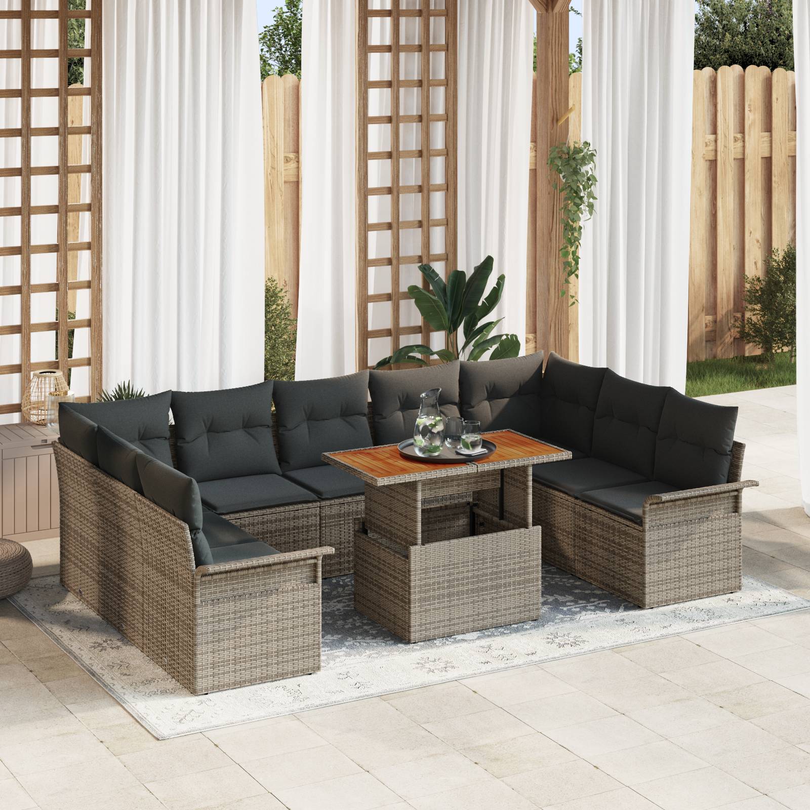 vidaXL 10-tlg. Garten-Essgruppe mit Kissen Grau Poly Rattan Akazie