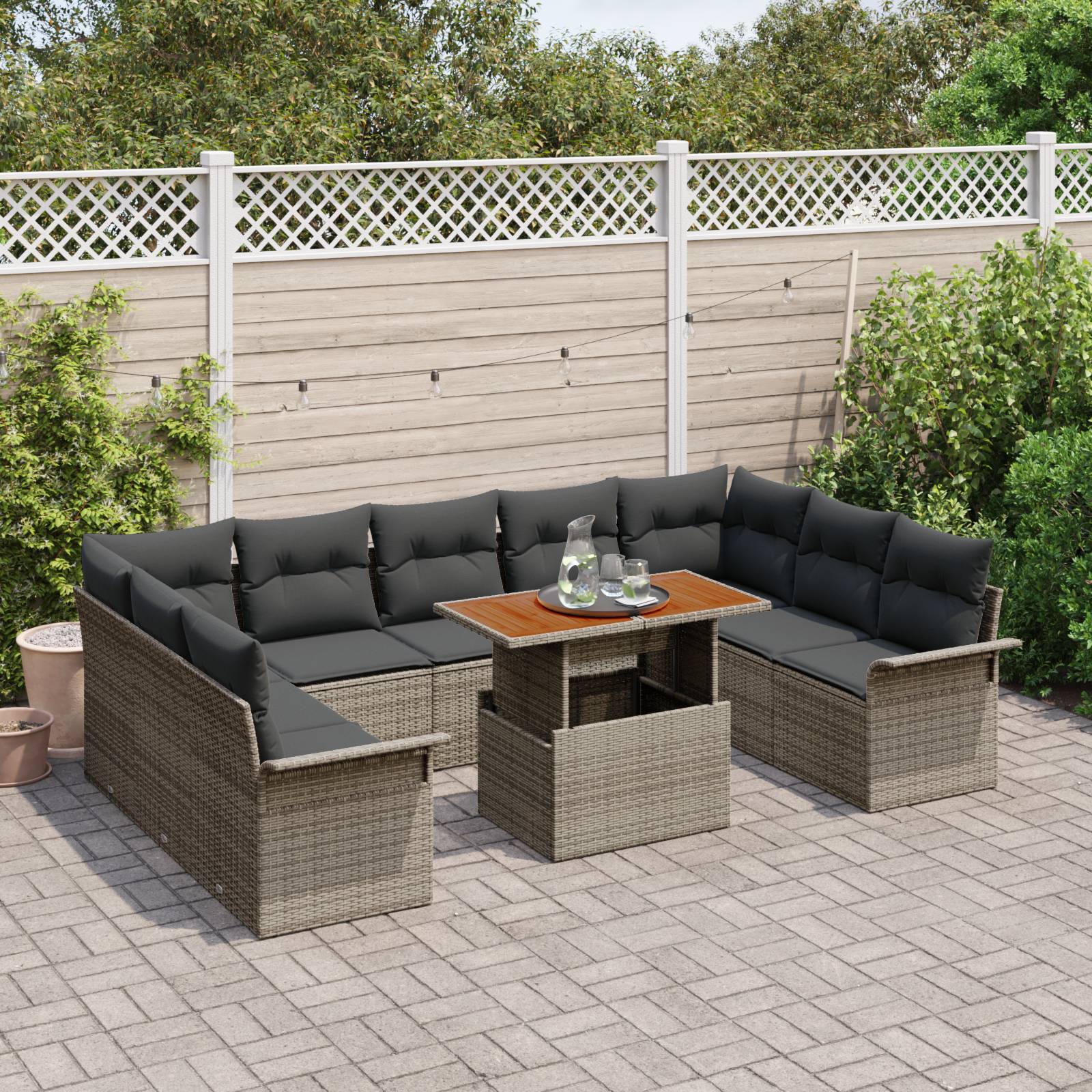 vidaXL 10-tlg. Garten-Essgruppe mit Kissen Grau Poly Rattan Akazie