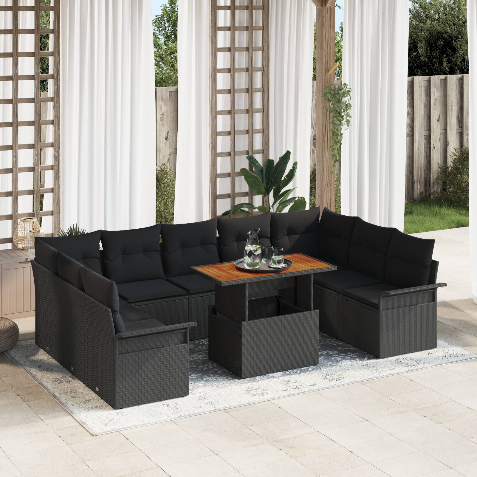 vidaXL 10-tlg. Garten-Essgruppe mit Kissen Schwarz Poly Rattan Akazie