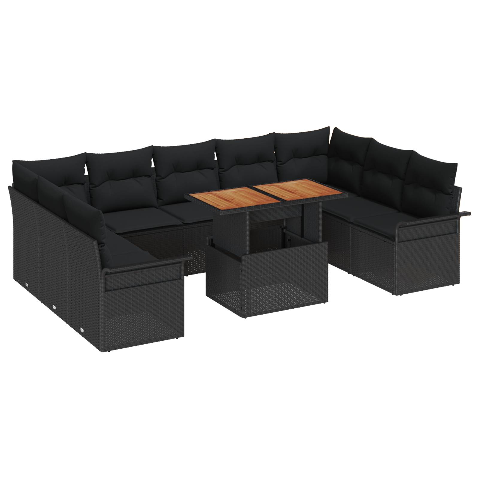 vidaXL 10-tlg. Garten-Essgruppe mit Kissen Schwarz Poly Rattan Akazie