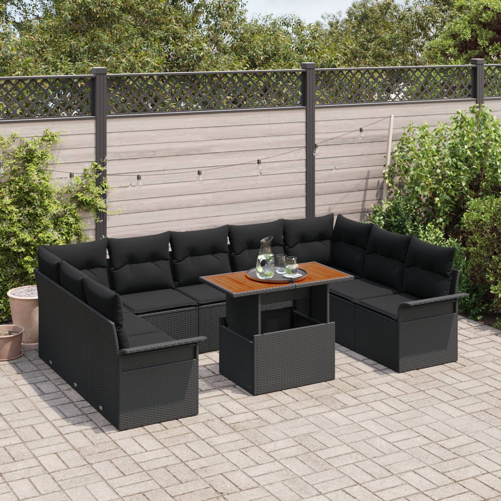 vidaXL 10-tlg. Garten-Essgruppe mit Kissen Schwarz Poly Rattan Akazie