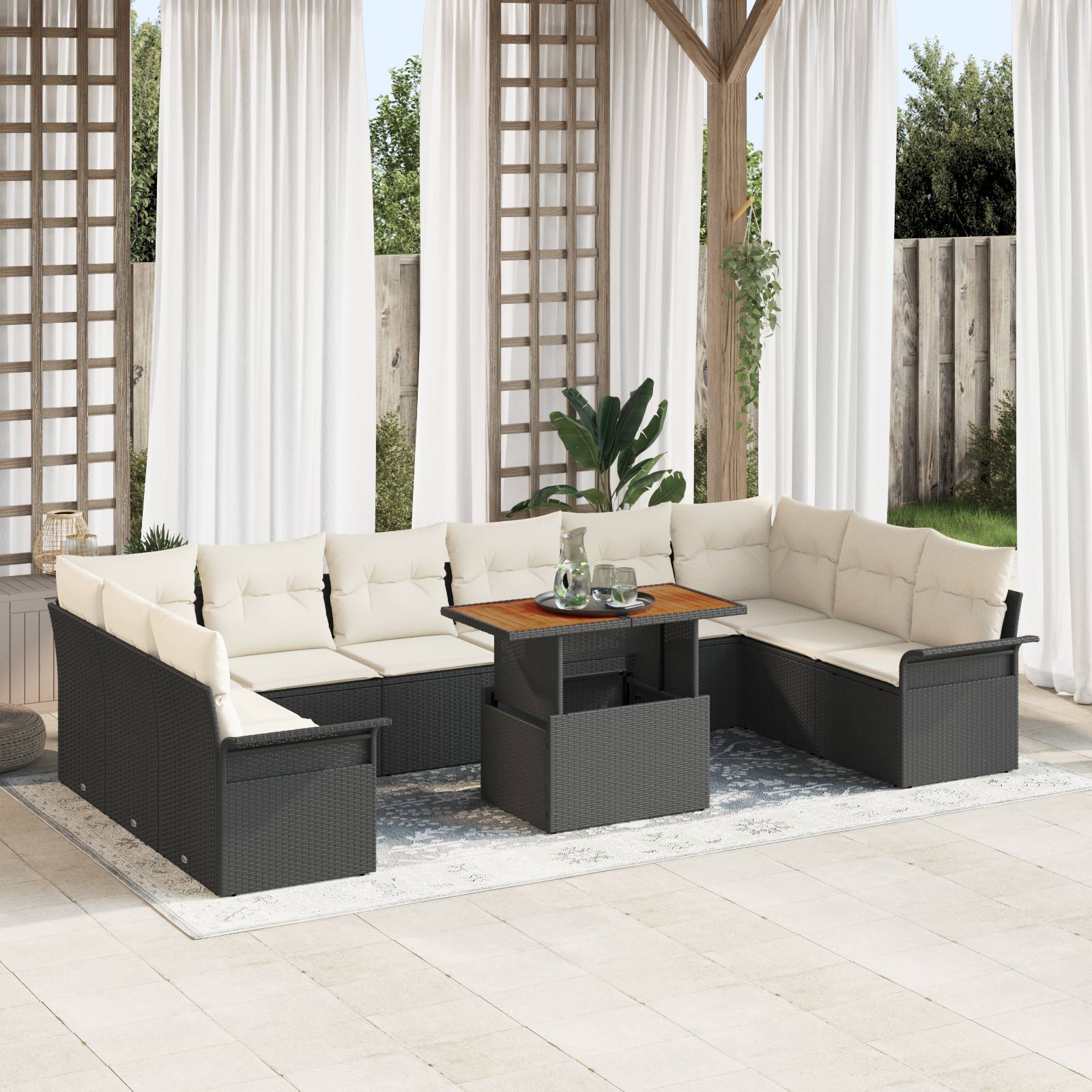 vidaXL 11-tlg. Garten-Essgruppe mit Kissen Schwarz Poly Rattan Akazie