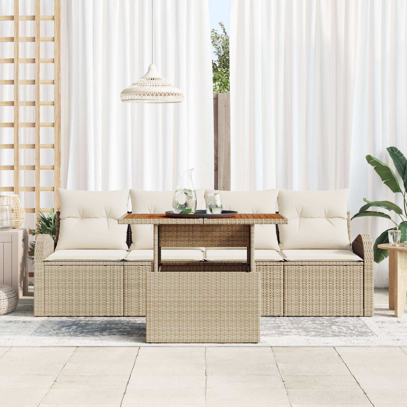 vidaXL 5-teiliges Garten Sofa Set mit Kissen Beige Poly Rattan
