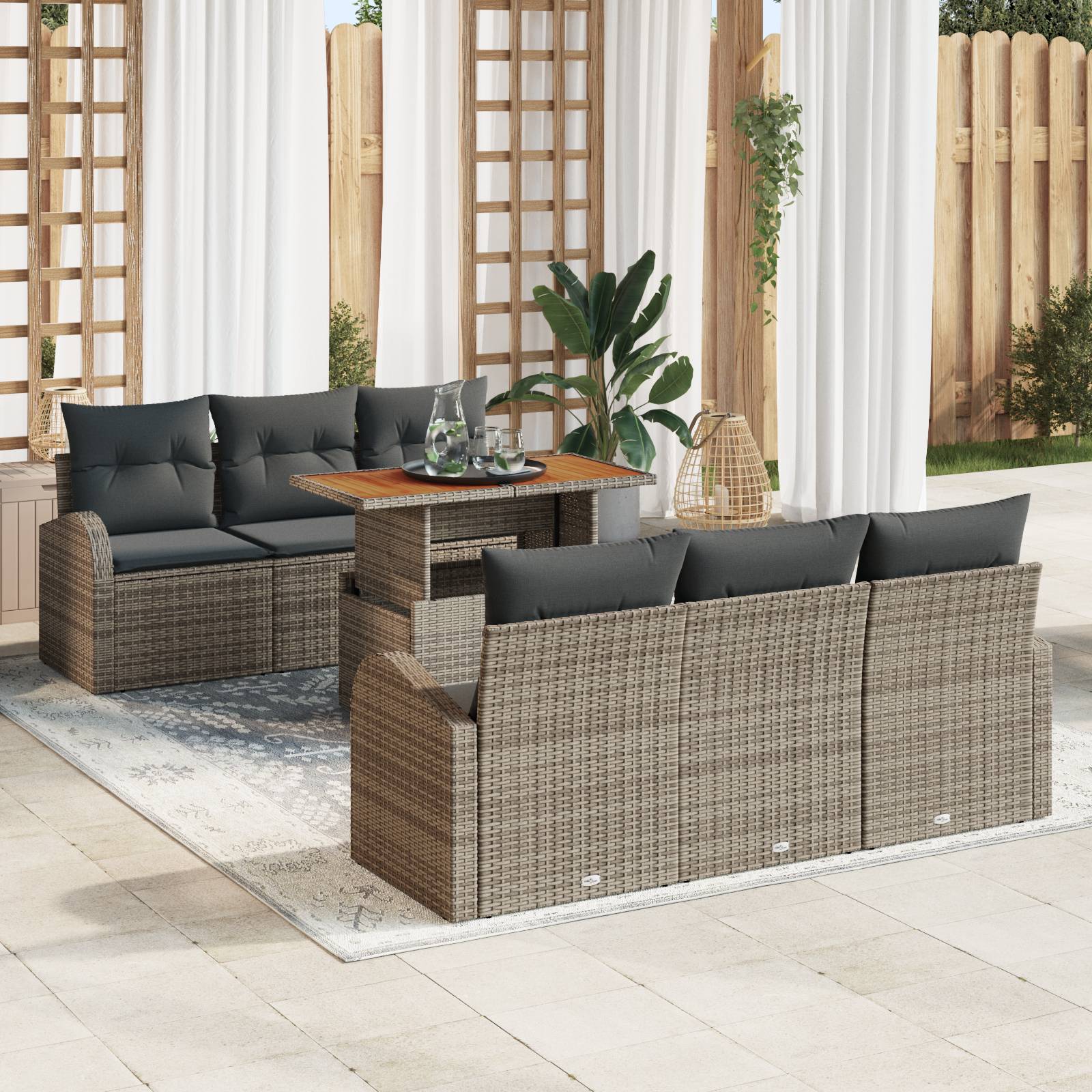 vidaXL 7-teiliges Garten-Sofaset mit Kissen Grau Poly Rattan