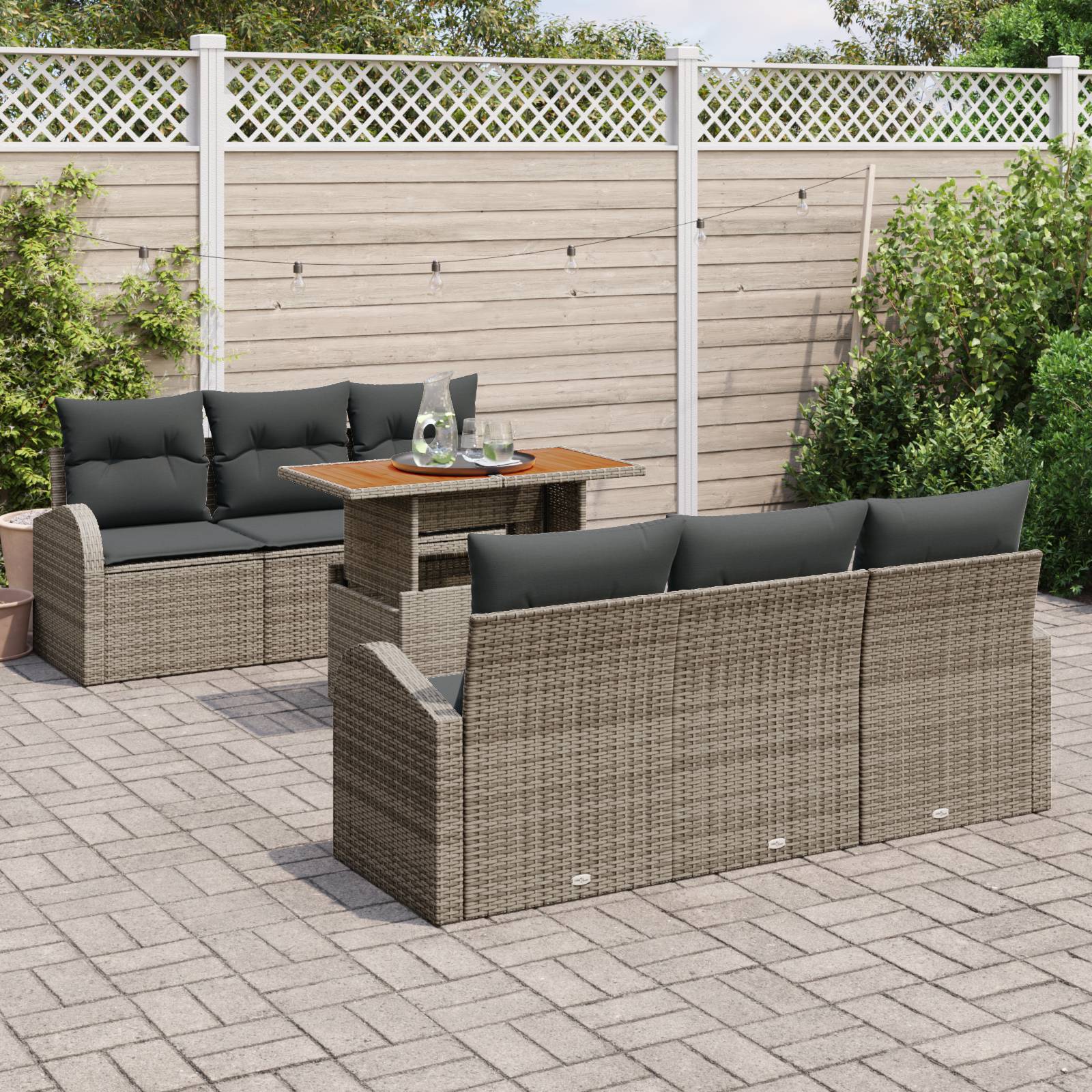 vidaXL 7-teiliges Garten-Sofaset mit Kissen Grau Poly Rattan