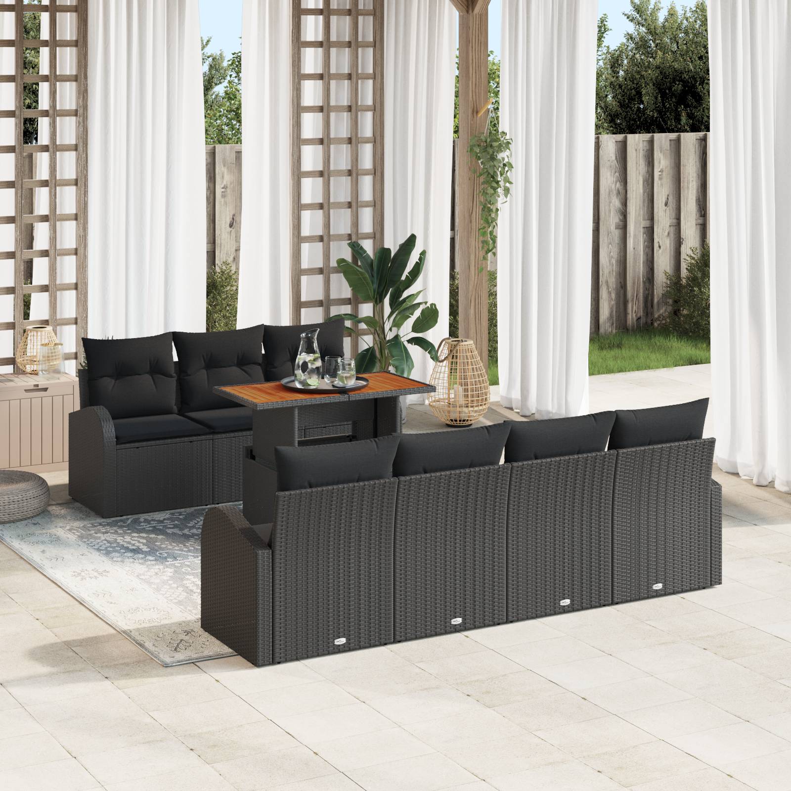 vidaXL 8-tlg. Garten-Essgruppe mit Kissen Schwarz Poly Rattan Akazie