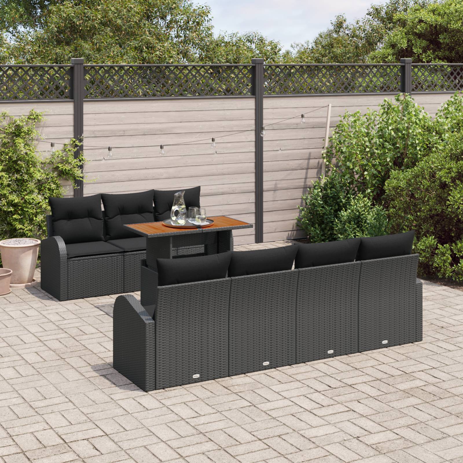 vidaXL 8-tlg. Garten-Essgruppe mit Kissen Schwarz Poly Rattan Akazie