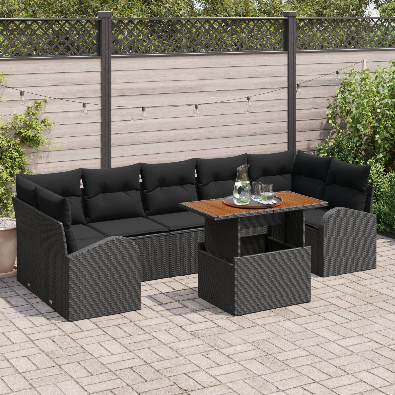 vidaXL 8-tlg. Garten-Essgruppe mit Kissen Schwarz Poly Rattan Akazie