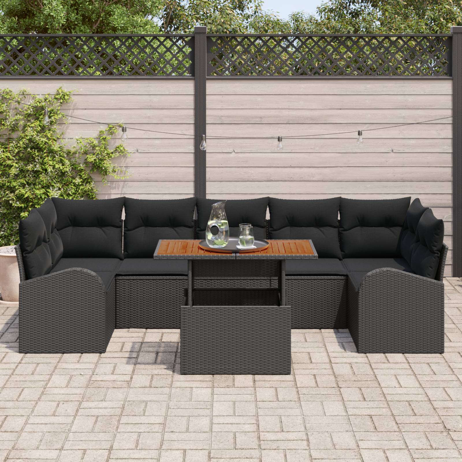 vidaXL 8-tlg. Garten-Essgruppe mit Kissen Schwarz Poly Rattan Akazie