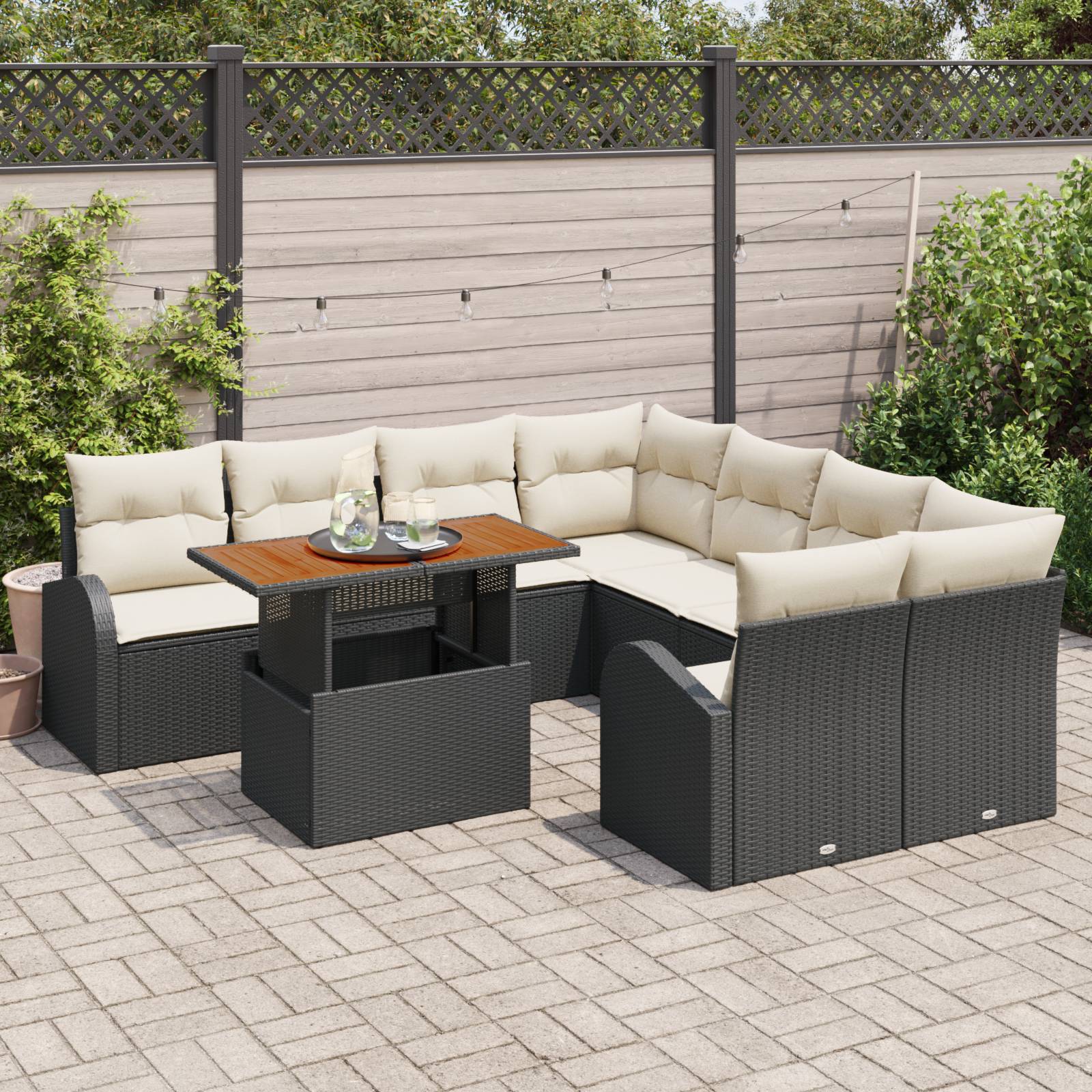 vidaXL 9-teiliges Garten-Sofa-Set mit Kissen Schwarzes Poly-Rattan