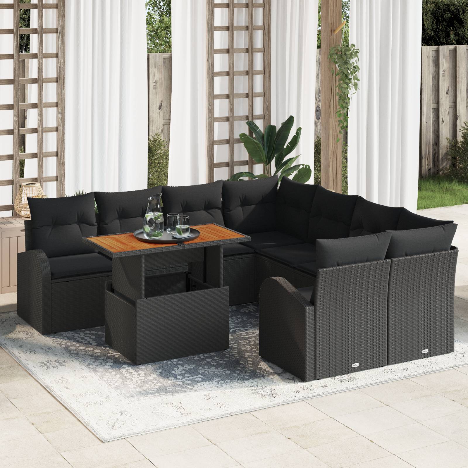 vidaXL 9-teilige Garten-Essgruppe mit Kissen Schwarzes Poly Rattan Akazie