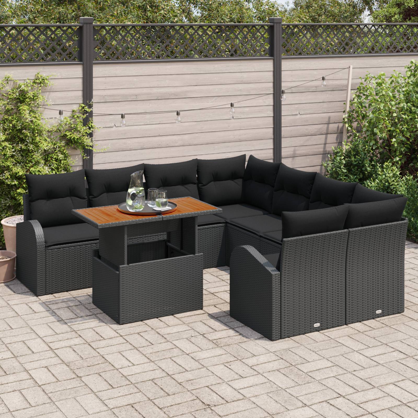 vidaXL 9-teilige Garten-Essgruppe mit Kissen Schwarzes Poly Rattan Akazie