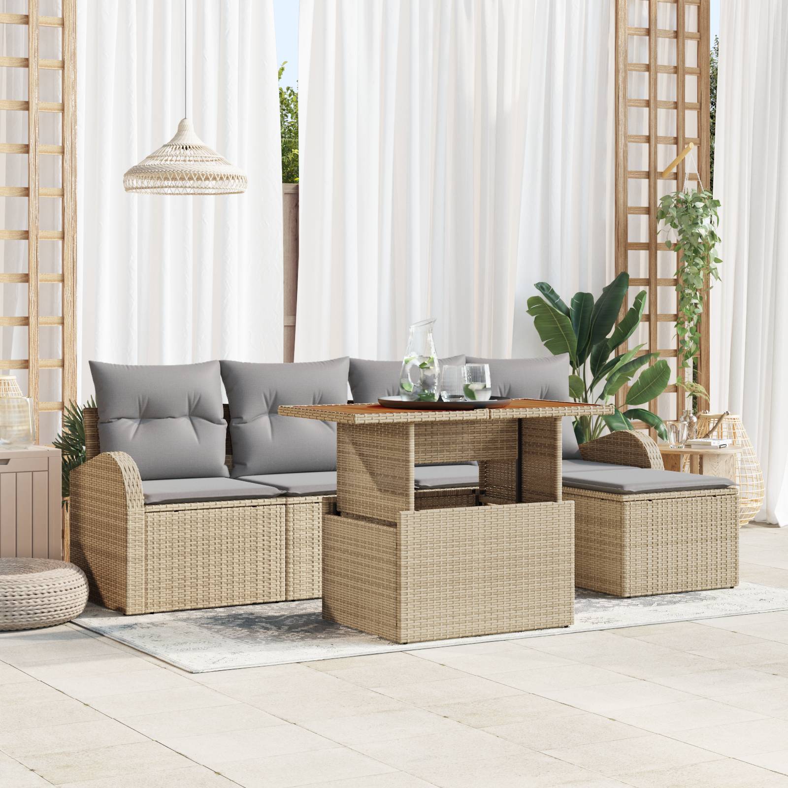 vidaXL 6-teiliges Garten-Sofa-Set mit Kissen Beige Poly-Rattan