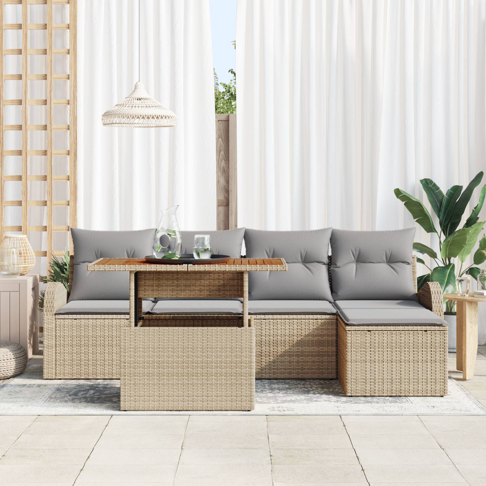 vidaXL 6-teiliges Garten-Sofa-Set mit Kissen Beige Poly-Rattan