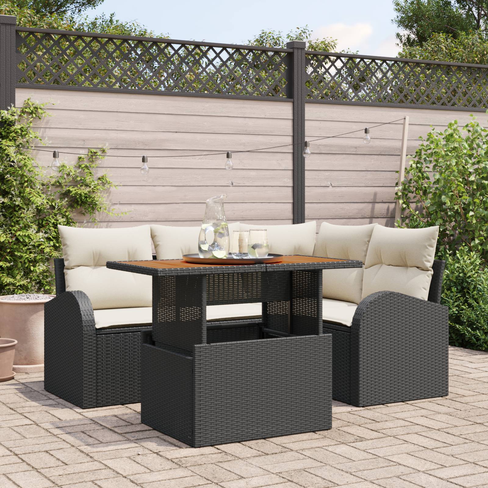 vidaXL 5-teiliges Garten Esszimmer Set mit Kissen Schwarz Poly Rattan Akazie