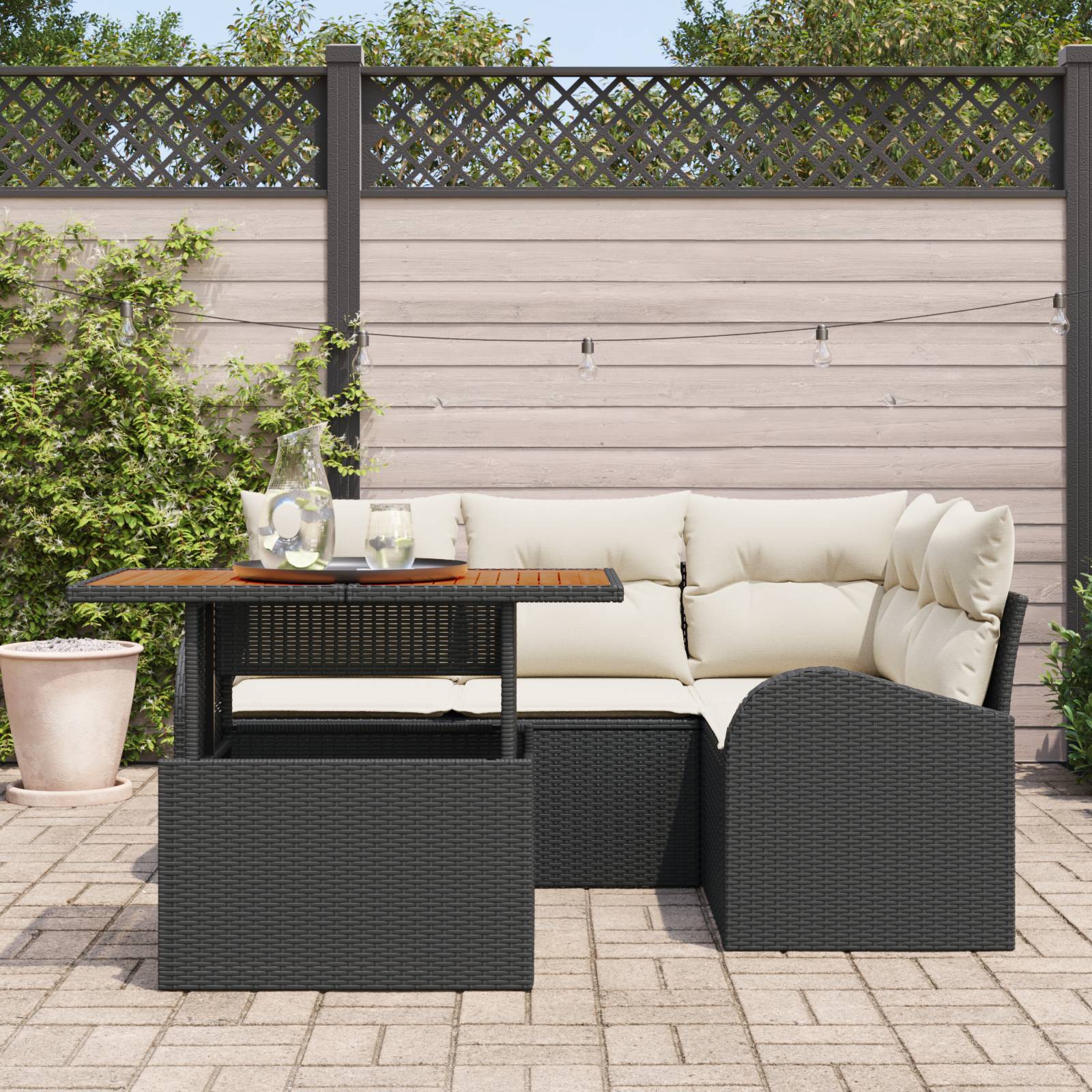 vidaXL 5-teiliges Garten Esszimmer Set mit Kissen Schwarz Poly Rattan Akazie