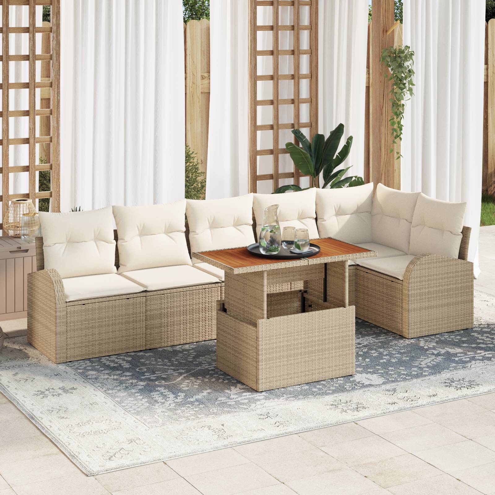vidaXL 7-teiliges Garten Esstisch Set mit Kissen Beige Poly-Rattan Akazie