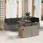 vidaXL 9-tlg. Garten-Essgruppe mit Kissen Grau Poly Rattan Akazie vidaXL 9-tlg. Garten-Essgruppe mit Kissen Grau Poly Rattan Akazie